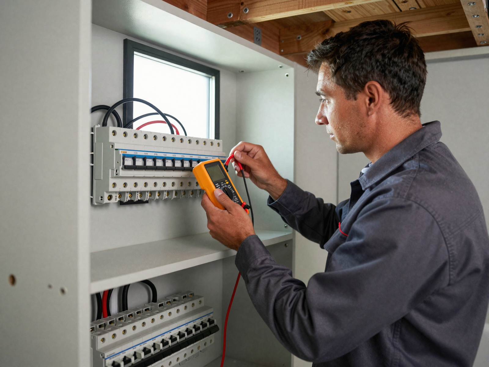 Residential electrician working on panel installation